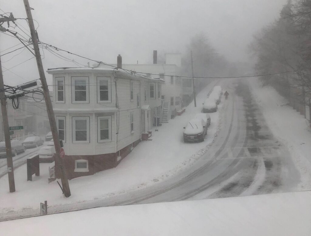 Road in East Boston during a snow storm