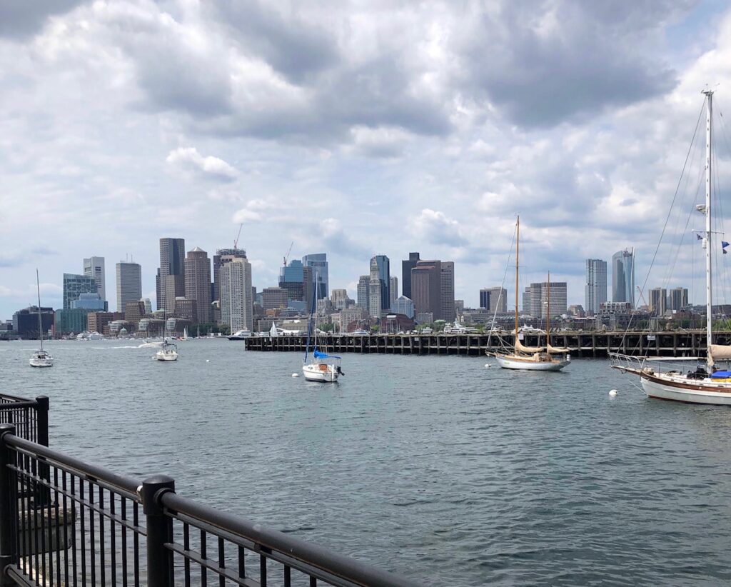 Skyline and water views from Piers Park in East Boston