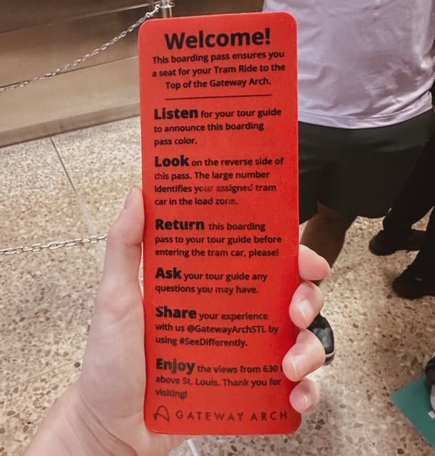 Tram boarding pass instructions at Gateway Arch National Park in St. Louis
